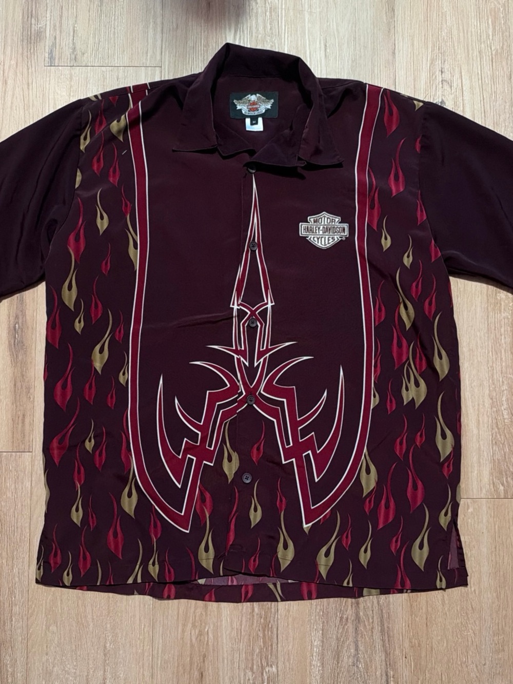 Harley-Davidson Men's Burgundy Shirt with Red and Gold Flame Print